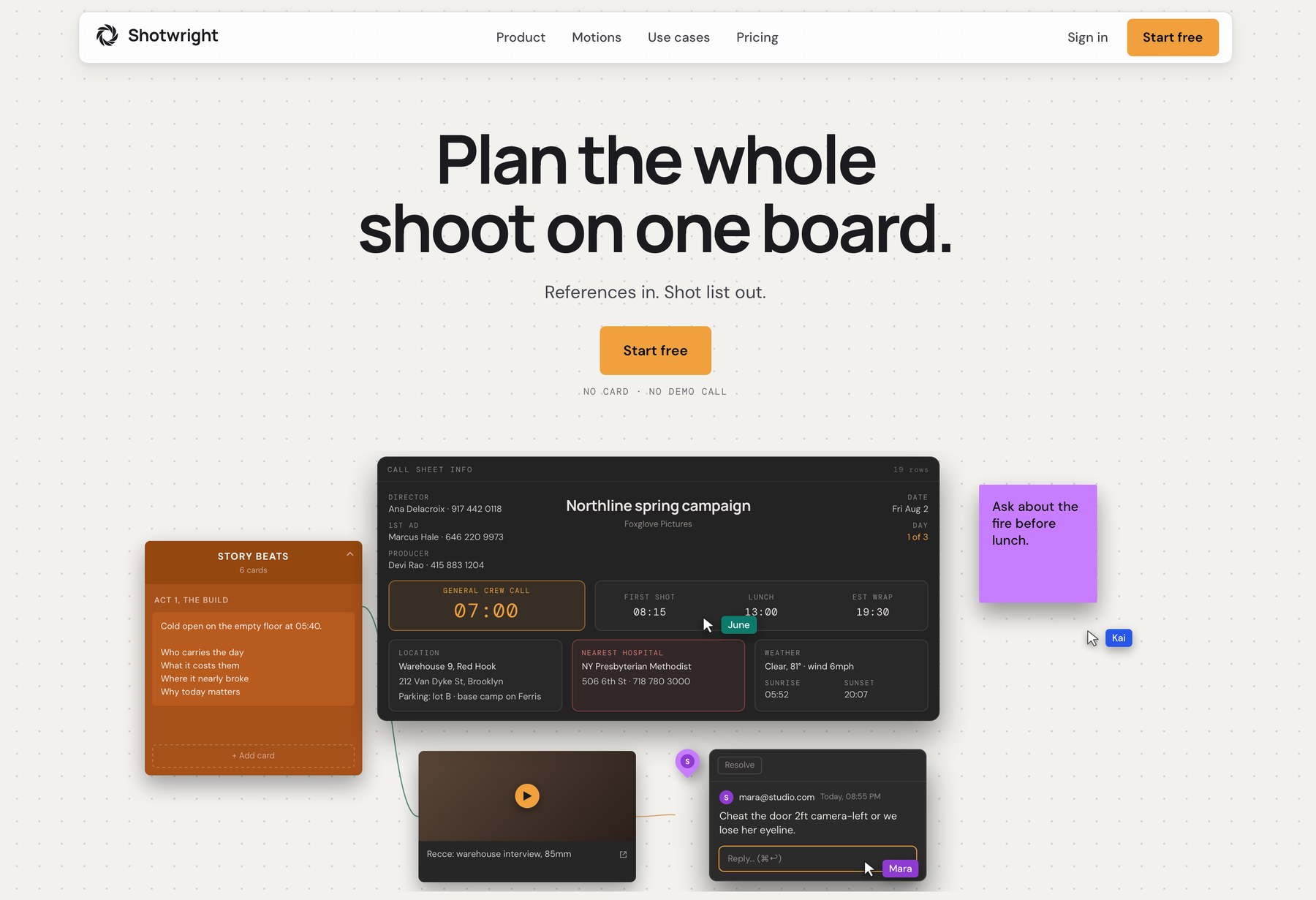 The Shotwright home page: the headline Plan the whole shoot on one board above a planning board with a call sheet, story beats and comments